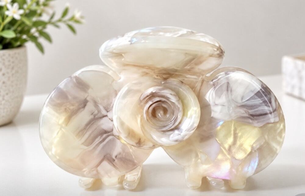 Acetate Floral Hair Claw Clip White Gray Marble New